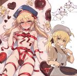  2girls @_@ absurdres ahoge apron artoria_caster_(fate) artoria_pendragon_(fate) ass_visible_through_thighs beret blonde_hair blue_headwear blush breasts brown_sweater candy chibi chocolate collarbone ebora embarrassed fate/grand_order fate_(series) food full-face_blush green_eyes grey_apron grey_headwear hat heart heart-shaped_chocolate highres licking_lips long_hair long_sleeves looking_at_viewer melusine_(fate) multiple_girls naked_ribbon navel red_ribbon ribbon skillet small_breasts smile sweat sweater thighs thought_bubble tongue tongue_out twintails valentine 