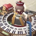  accordion beamed_eighth_notes brown_eyes brown_hair dog half_note hat instrument keyboard_(instrument) lowres lyrica_prismriver melodica music musical_note quarter_note quarter_rest sakura_(medilore) short_hair solo staff_(music) touhou toy 