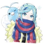  1boy aqua_eyes aqua_hair blue_scarf commentary_request eyelashes grusha_(pokemon) highres jacket looking_at_viewer male_focus min_(myna8247) one_eye_closed pokemon pokemon_(creature) pokemon_on_back pokemon_sv scarf scarf_over_mouth signature snowflakes striped_clothes striped_scarf swablu upper_body white_background yellow_jacket 