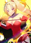  1girl :q bare_shoulders blonde_hair blurry blurry_foreground blush breasts cleavage closed_mouth collarbone commentary_request commission covered_navel depth_of_field dress elbow_gloves fire gloves holding holding_whip kou_hiyoyo large_breasts long_hair looking_at_viewer parted_bangs ponytail red_dress red_eyes red_gloves shynesslady skeb_commission smile solo star_ocean star_ocean_the_second_story strapless strapless_dress tongue tongue_out very_long_hair 