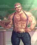  1boy abs bara chalkboard contrapposto denim desk glasses head_tilt highres holding jeans large_pectorals male_focus mature_male muscular muscular_male navel navel_hair nipples onionworkshop original pants pectorals short_hair sideburns solo standing stomach sunlight suspenders teacher thick_thighs thighs tight_clothes tight_pants topless_male 