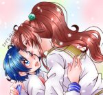  1girl bishoujo_senshi_sailor_moon blue_eyes blue_hair blue_sailor_collar bow brown_hair closed_eyes earrings green_sailor_collar hair_bobbles hair_ornament highres hug jewelry juuban_middle_school_uniform kino_makoto kino_makoto&#039;s_school_uniform lips long_hair mizuno_ami one_eye_closed ponytail sailor_collar school_uniform serafuku short_hair smile solo supernova24_24 