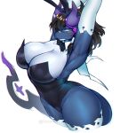 anthro big_breasts blue_body blue_eyes blue_scales breasts bunny_costume cleavage clothed clothing costume dragon fake_ears fake_rabbit_ears female hair hi_res horn scales simple_background solo thick_thighs white_body white_scales zerpreros