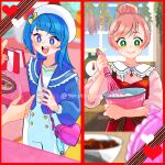  1other 2girls alternate_hair_length alternate_hairstyle apron bag beret blue_eyes blue_hair blue_jacket blurry blurry_foreground border bowl bright_pupils casual closed_mouth commentary cooking cut_bangs depth_of_field dress green_eyes hair_bun hair_up handbag hat heart highres hirogaru_sky!_precure holding holding_bowl holding_whisk indoors jacket long_hair long_sleeves mirage_pen mixing_bowl multiple_girls nijigaoka_mashiro open_mouth pink_hair pink_sweater precure red_apron red_border shopping_bag short_dress short_hair single_hair_bun single_sidelock smile sora_harewataru sweater ton_(ton39342104) twitter_username valentine whisk white_dress white_headwear white_pupils window 