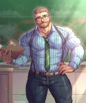  1boy bara beard_stubble chalkboard contrapposto covered_nipples desk facial_hair glasses highres large_pectorals male_focus mature_male muscular muscular_male necktie one_eye_closed onionworkshop original paid_reward_available pants pectoral_cleavage pectorals shirt short_hair sideburns solo standing striped_clothes striped_shirt stubble suspenders teacher thighs tight_clothes tight_pants tight_shirt 
