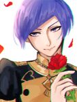  1boy bob_cut desupisaro_122 diagonal_bangs falling_petals fire_emblem fire_emblem:_three_houses flower highres looking_to_the_side lorenz_hellman_gloucester petals purple_hair red_flower red_rose rose solo 