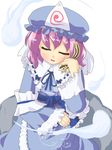  blush closed_eyes frills hat hitodama hujikok japanese_clothes kimono long_sleeves mob_cap open_mouth pink_hair saigyouji_yuyuko simple_background sitting solo squirrel touhou triangular_headpiece white_background wide_sleeves 