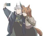  2girls animal_ear_fluff animal_ears arknights black_coat blunt_bangs brown_eyes brown_hair brown_tail cellphone closed_mouth coat commentary_request dragon_girl dragon_horns elbow_gloves expressionless fingernails fox_ears fox_girl fox_tail franka_(arknights) gloves grey_gloves grey_hair grey_horns grey_scarf grey_shirt grey_skirt grey_sweater grin hair_between_eyes hand_on_another&#039;s_shoulder hand_up haruichi_(sazanami_complex) holding holding_phone horns lanyard leaning_on_person liskarm_(arknights) long_hair long_sleeves looking_at_object looking_at_phone looking_up multiple_girls one_eye_closed open_clothes open_coat outstretched_arm phone profile puffy_short_sleeves puffy_sleeves scarf selfie shirt short_hair short_sleeves simple_background skirt smartphone smile split_mouth standing strap sweater tail taking_picture upper_body v white_background 