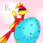 avian banjo-kazooie bird dialogue egg feathers female feral green_eyes hi_res kazooie looking_at_viewer pink_background rareware red_body red_feathers simple_background skelly_doll solo throwing throwing_egg