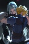  2boys aqua_eyes armor bandaged_arm bandages belt black_coat black_gloves blonde_hair blue_shirt brown_belt closed_mouth cloud_strife coat covering_another&#039;s_mouth final_fantasy final_fantasy_vii final_fantasy_vii_remake gloves grey_hair hand_over_another&#039;s_mouth highres long_hair long_sleeves multiple_belts multiple_boys parted_bangs sephiroth shirt short_hair shou_rou shoulder_armor single_bare_shoulder single_shoulder_pad sleeveless sleeveless_turtleneck spiked_hair suspenders turtleneck upper_body yaoi 