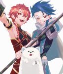  2boys alexander_(fate) armpits blue_hair braid brown_hair cape cu_chulainn_(fate) dog earrings fate/grand_order fate_(series) grin highres holding holding_polearm holding_sword holding_weapon jewelry long_hair male_focus multiple_boys open_mouth polearm red_hair setanta_(fate) slit_pupils smile sword tokoni_fusu weapon white_background white_cape white_dog 