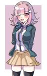  1girl ;o alternate_hair_ornament arm_behind_back black_jacket black_thighhighs blush breasts brown_skirt danganronpa_(series) danganronpa_2:_goodbye_despair dress_shirt flipped_hair hand_up highres jacket kappu_(wa_ppu) large_breasts medium_hair miniskirt nanami_chiaki one_eye_closed open_clothes open_jacket pink_eyes pleated_skirt shirt shirt_tucked_in skirt sleepy solo tearing_up thighhighs triangle_hair_ornament two-tone_shirt yawning zettai_ryouiki 