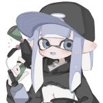  1girl baseball_cap black_headwear blue_eyes blue_hair eyelashes fang gun hat holding holding_gun holding_weapon inkling_girl inkling_player_character long_hair looking_at_viewer pointy_ears ryme_spla simple_background skin_fang smile solo splat_dualies_(splatoon) splatoon_(series) splatoon_3 tentacle_hair upper_body weapon white_background 
