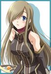  bangs bare_shoulders blue_eyes blush border breasts brown_hair covered_nipples eyebrows_visible_through_hair gloves hair_over_one_eye izumi_mahiru large_breasts leaning_forward long_hair sleeveless staff tales_of_(series) tales_of_the_abyss tear_grants upper_body 