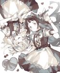  2girls :&lt; :d animal_ears apron black_hair black_ribbon blush box box_of_chocolates cat_ears cat_girl chocolate closed_mouth collared_shirt commentary cowboy_shot dutch_angle frilled_apron frills from_above grey_eyes grey_skirt hair_spread_out hand_up heart-shaped_box heterochromia highres limited_palette long_hair looking_at_viewer lying maid multiple_girls neck_ribbon on_back open_mouth original pleated_skirt ribbon shirt short_bangs sidelocks skirt smile symbol-only_commentary teeth triangle_facial_mark upper_teeth_only valentine white_apron white_eyes white_shirt white_wrist_cuffs wrist_cuffs yuumii_0120 