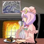  artist_request bow cake crescent crescent_hair_ornament expressionless fireplace food fork hair_ornament hat long_hair looking_away parted_lips pastry patchouli_knowledge pink_bow plate profile purple_hair slice_of_cake solo source_request touhou 