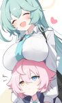  2girls absurdres ahoge blue_archive blue_eyes blush breasts closed_eyes collared_shirt green_hair green_necktie halo heart heterochromia highres hoshino_(blue_archive) hoshino_(young)_(blue_archive) huge_ahoge huge_breasts long_hair long_sleeves misyune multiple_girls necktie open_mouth pink_hair shirt short_hair smile white_shirt yellow_eyes yellow_halo yume_(blue_archive) 