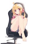  1girl ahoge aoi_tori bare_legs bare_shoulders barefoot black_shorts blonde_hair blush chair crossed_legs dorsiflexion fang feet gaming_chair grin hair_bobbles hair_ornament highres knees_up legs long_hair looking_at_viewer off-shoulder_shirt off_shoulder on_chair original pink_shirt red_eyes shadow shirt short_shorts shorts side_ponytail simple_background sitting smile solo swivel_chair thighs toes twintails white_background 