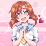  1girl aqualunalapis ascot blue_eyes blue_sailor_collar breasts brown_hair commentary english_commentary heart highres higurashi_no_naku_koro_ni medium_breasts open_mouth own_hands_together pink_background ryuuguu_rena sailor_collar sailor_shirt school_uniform serafuku shirt short_hair short_sleeves smile solo white_shirt yellow_ascot 