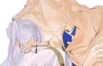  1boy 1girl blush capelet cloak couple covered_face ear_blush earrings frieren from_side grey_hair hand_in_another&#039;s_hair hand_on_another&#039;s_arm hand_on_another&#039;s_ear hand_on_another&#039;s_neck hand_up hetero highres himmel_(sousou_no_frieren) hood hood_up hooded_cloak jewelry katkat_0 kiss long_hair pointy_ears shared_clothes simple_background sousou_no_frieren upper_body white_capelet 