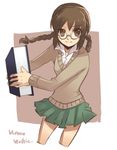  book brown_hair copyright_request glasses hajimenimodoru skirt solo standing sweater 