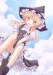  blonde_hair bloomers broom broom_riding cloud day flying hat highres kirisame_marisa long_hair lzh ribbon skirt sky smile solo touhou underwear witch witch_hat yellow_eyes 