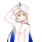  1boy blue_hair brown_hair captain_nemo_(fate) closed_mouth fate/grand_order fate_(series) gradient_hair green_eyes hand_on_own_head highres jacket long_hair long_sleeves looking_at_viewer multicolored_hair nemo_(fate) sambel_kacang1 sidelocks solo turban twintails upper_body very_long_hair white_background white_headwear white_jacket 