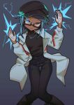  1girl absurdres black_pants black_shirt blue_eyes blue_hair cowboy_shot dark-skinned_female dark_skin electricity glasses grey_background hat heterochromia highres jacket original pants peaked_cap saaal653 shirt short_hair simple_background solo white_jacket yellow_eyes 