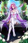  1girl bare_shoulders boots breasts bug butterfly collarbone crossed_legs crystal_rose_seraphine detached_sleeves dress flower hair_flower hair_ornament highres large_breasts league_of_legends long_hair merellyne multicolored_hair outdoors pink_eyes pink_flower pink_hair purple_hair red_flower red_rose rose seraphine_(league_of_legends) sitting smile solo thigh_boots tree two-tone_hair web_address white_dress white_flower white_footwear 