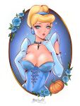 1girl absurdres blackfuryart blonde_hair blue_corset blue_eyes blush border breasts cinderella cinderella_(disney) cleavage collar corset detached_sleeves disney earrings elbow_gloves eyelashes finger_to_mouth flower gloves hairband highres jewelry large_breasts leaf lips lipstick makeup mascara narrow_waist nose open_mouth outside_border pendant pendant_choker pinup_(style) princess puffy_detached_sleeves puffy_sleeves red_lips signature solo studded_collar updo 