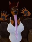 3d_(artwork) anthro canid canine canis clothed clothing digital_media_(artwork) dobermann dobermann_(untied_verbeger) domestic_dog female furniture hair hi_res honigkuchenpferd jazz_hands long_tongue looking_at_viewer mammal meme pinscher red_hair sofa tongue tongue_out