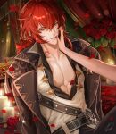  1boy 1girl abs brown_jacket candle debbie_(debbielu9972) diluc_(genshin_impact) flower genshin_impact hair_between_eyes highres jacket long_hair long_sleeves looking_at_viewer male_focus muscular muscular_male open_clothes open_shirt ponytail red_eyes red_flower red_hair red_rose rose shirt smile vest white_vest 