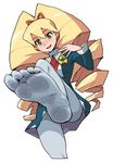  big_hair blue_legwear drill_hair feet from_below heriyama long_hair pantyhose pov_feet rockman ryuusei_no_rockman shirogane_luna soles solo toes 