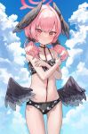  1girl absurdres black_bow black_wings blue_archive blue_sky blush bow breasts closed_mouth cloud cloudy_sky crossed_arms day feathered_wings hae_zu hair_bow highres koharu_(blue_archive) koharu_(swimsuit)_(blue_archive) long_hair looking_at_viewer low_wings outdoors pink_eyes pink_hair sky small_breasts solo standing swimsuit wings 