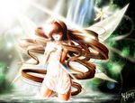  brown_hair dress fairy kanon long_hair misaka_kaori signature solo water waterfall wings yukirin 