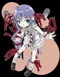  al_azif artist_request demonbane foreshortening loafers long_hair purple_hair ribbon shoes socks solo 