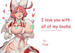  1girl absurdres ahoge animal_ear_hairband animal_ears belt blue_eyes breastless_clothes breasts breasts_out bridal_veil censored dress elphelt_valentine english_text fake_animal_ears gloves guilty_gear guilty_gear_xrd hairband heart heart-shaped_boob_challenge heart-shaped_pupils heart_censor highres huge_ahoge huge_breasts juliet_sleeves lips long_sleeves looking_at_viewer no_bra pink_hair puffy_sleeves red_garter_straps red_gloves short_hair shoulder_spikes side_slit skullworms solo spiked_hairband spikes symbol-shaped_pupils teeth thigh_belt thigh_strap thighhighs thighs two-tone_gloves upper_teeth_only valentine valentine_card veil white_background white_dress white_gloves white_thighhighs white_veil 