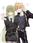  1boy 1other androgynous annoyed belt black_jacket black_necktie black_pants black_skirt blonde_hair braid closed_mouth collared_shirt cowboy_shot enkidu_(fate) fate/strange_fake fate_(series) green_eyes green_hair grey_shirt hand_up highres jacket leather leather_jacket long_hair looking_at_viewer multicolored_hair necktie open_clothes open_jacket pants parted_lips pencil_skirt red_eyes red_hair richard_i_(fate) shirt simple_background skirt smile spoken_expression spoken_squiggle squiggle streaked_hair two-tone_hair v white_background white_shirt ynrrr 