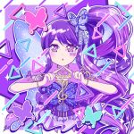  1girl bare_shoulders blue_wings border bracelet butterfly_hair_ornament butterfly_wings commentary_request cropped_torso hair_ornament highres insect_wings jewelry junon_(pripara) long_hair looking_at_viewer open_mouth outline pretty_series pripara purple_eyes purple_hair purple_shirt purple_theme satowa_(circuit) shirt side_ponytail sidelocks solo sparkle sticker_on_face treble_clef triangle triangle_hands upper_body very_long_hair white_border white_outline wings 