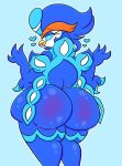 &lt;3 anthro beak big_butt blue_background blue_body blue_eyes blue_hair butt feathers female generation_9_pokemon hair hi_res lewdchuu_(artist) nintendo pokemon pokemon_(species) quadrivia_(lewdchuu) quaquaval rear_view simple_background solo tail thick_thighs tongue
