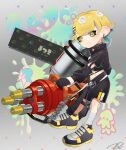  1boy bandaged_leg bandages black_gloves black_shorts blonde_hair blue_eyes closed_mouth commentary commission earrings eyelashes fang full_body gloves grey_background gun highres holding holding_gun holding_weapon hoop_earrings hydra_splatling_(splatoon) jewelry male_focus midriff navel octoling_boy octoling_player_character paint_splatter puchiman short_hair shorts smile solo splashtag_(splatoon) splatoon_(series) splatoon_3 standing tentacle_hair two-tone_eyes weapon yellow_eyes 