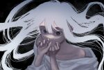  1girl black_background black_eyes floating_hair hands_on_own_face highres kyano_(kyanora3141) long_hair loose_clothes loose_shirt no_nose off_shoulder original scared shirt solo upper_body white_hair white_shirt 