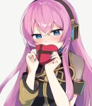  1girl akikan_sabago blue_eyes blush box commentary covered_mouth detached_sleeves headphones heart-shaped_box highres holding holding_box long_hair looking_to_the_side megurine_luka nail_polish pink_hair single_detached_sleeve solo upper_body valentine vocaloid 