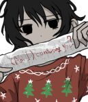  1girl black_eyes black_hair christmas_sweater christmas_tree_print covered_mouth english_text furrowed_brow half-closed_eyes hands_up holding holding_paper looking_at_viewer messy_hair no_sclera original paper print_sweater red_sweater short_hair simple_background solo sweater umi_ha_kirai upper_body white_background 