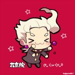  &gt;_&lt; 1boy :3 black_jacket blush chibi chibi_only earrings facing_ahead full_body gakuran jacket jewelry jojo_no_kimyou_na_bouken kakyoin_noriaki kotorai male_focus no_nose school_uniform short_hair signature star_(symbol) translation_request waving_arms white_hair 