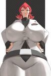  1girl absurdres ariana_(pokemon) belt breasts dress earrings highres jewelry large_breasts lips looking_at_viewer looking_down muppy_(muppy0163) pokemon pokemon_frlg pokemon_hgss red_eyes red_hair solo team_rocket team_rocket_uniform turtleneck 