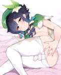  1boy anus bar_censor bed_sheet black_hair blush braid bulge censored censored_anus clothes_pull commentary_request erection erection_under_clothes flower genshin_impact gradient_hair green_eyes green_headwear hair_flower hair_ornament hat highres looking_at_viewer lying male_focus multicolored_hair nyakkuru on_bed on_side otoko_no_ko pantyhose pantyhose_pull penis short_hair side_braids small_penis smile solo spread_anus textless_version twin_braids two-tone_hair variant_set venti_(genshin_impact) white_pantyhose 