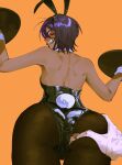  1girl animal_ears ass ass_focus ass_grab backless_leotard black_leotard black_pantyhose blush brown_hair cowboy_shot dark-skinned_female dark_skin detached_collar fake_animal_ears from_behind hands_up highres holding holding_plate leotard looking_at_viewer looking_back nose_blush orange_background original pantyhose plate playboy_bunny pov pov_hands rabbit_ears rabbit_tail red_eyes short_hair simple_background tail tearing_up torn_clothes torn_pantyhose unholymilk wrist_cuffs 