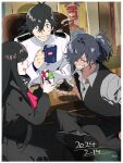  1girl 2boys black_hair black_scarf blunt_bangs closed_eyes cup cutout_gloves dated facial_hair fate/grand_order fate_(series) frog grey_eyes grey_shirt grin hair_over_one_eye holding holding_cup koha-ace long_hair low_ponytail mug multiple_boys okada_izou_(fate) okada_izou_(i&#039;m_one_dapping_fella)_(fate) open_collar oryou_(fate) pirohi_(pirohi214) ponytail red_eyes sakamoto_ryouma_(fate) scarf shirt sitting sleeves_rolled_up smile steam stubble suit vest white_suit 