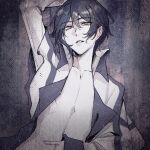 1boy arm_up collarbone commentary english_commentary hair_between_eyes highres jacket kaito_(vocaloid) long_sleeves looking_at_viewer male_focus monochrome open_clothes open_jacket parted_lips short_hair solo soup_dumplin upper_body vocaloid 